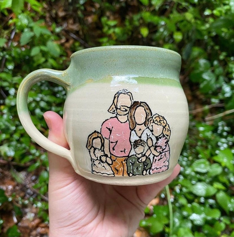 Handmade Ceramic Mug with Family Portrait 5 people