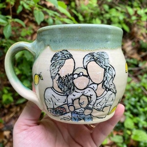 Handmade Ceramic Mug with Family Portrait 3 people