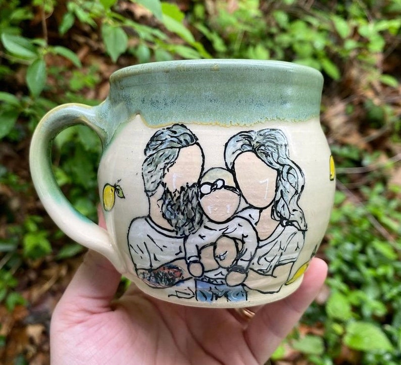 Handmade Ceramic Mug with Family Portrait 3 people