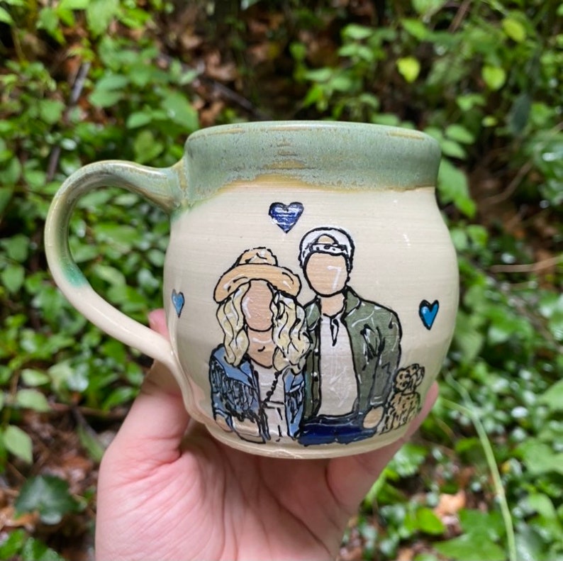 Handmade Ceramic Mug with Family Portrait 3 people + design