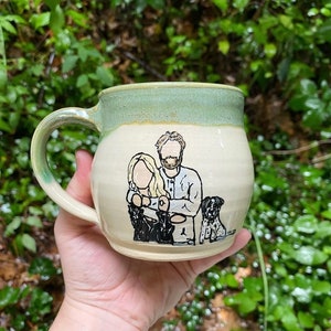 Handmade Ceramic Mug with Family Portrait 2 people + 1 animal