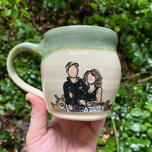 Handmade Ceramic Mug with Family Portrait 2 people + 2 animals