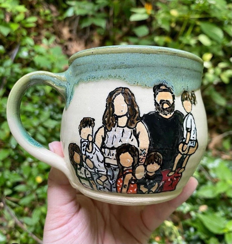 Handmade Ceramic Mug with Family Portrait 7 people