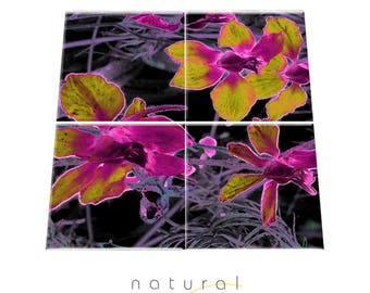 Glass Coasters, Coaster Sets, New Home Gifts, Botanical, Tropical, Jungle, Floral Decor, Midnight Garden Purple and Yellow, GC09