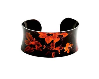 Aluminium Cuff Bracelet - Burnt Orange and Black - Floral Jewellery - Botanical - Handmade Costume Jewellery - CB20