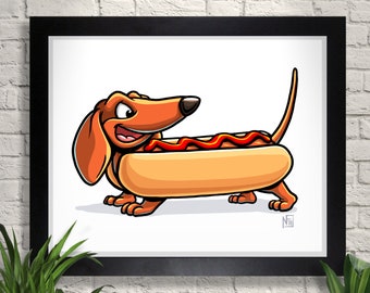 Dachshund Art Print, Hot Dog, Wiener Dog Illustration, Giclee, Children's Room Art, Wall Art, Home Decor, Dog Illustration