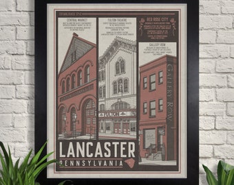 Lancaster Pennsylvania Travel Poster: Vintage Red Rose City Art Print