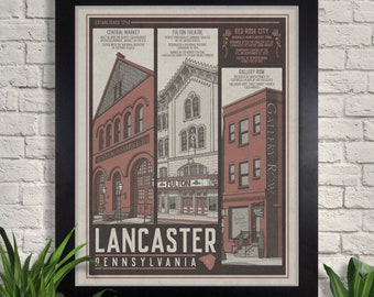 Lancaster Red Rose City Travel Poster Illustration, Giclee Art Print, Pennsylvanie, Art mural, Décoration intérieure