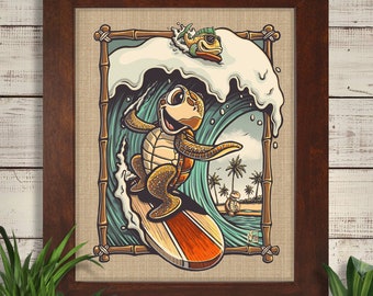 May include: A cartoon sea turtle riding a surfboard on a wave. The turtle is wearing a green hat and has a happy expression. The wave is blue and white and has a bamboo frame around it. The background is a beach scene with palm trees.