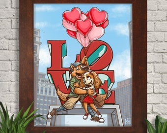 Puppy Love Illustration Giclee Art Print, Valentine's Day, Romantic Wall Art, Dog Art, Romantic Wall Decor, Loving Couple Home Decor