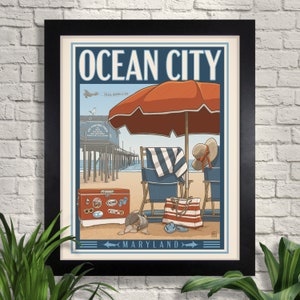 Ocean City, Maryland Reise Poster Illustration, Giclée Kunstdruck, Ozean, Strand Wandkunst, Wohnkultur