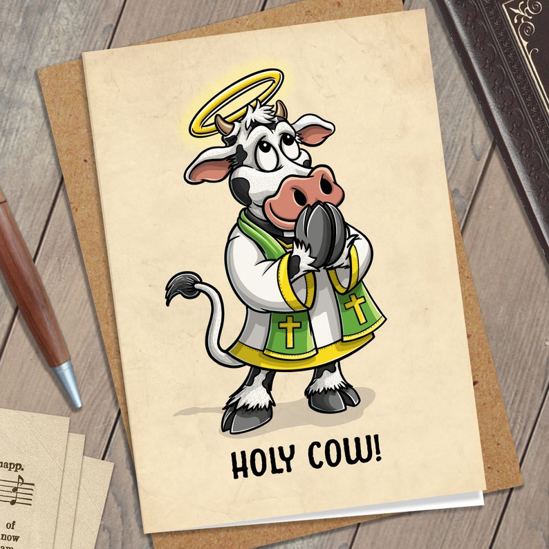 Holy Cow Illustrated Greeting Card, Funny Card, Vertical Card, Humor Stationary, Cow, Religion, Priest image 1
