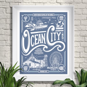 Ilustración de póster vintage de Ocean City, Maryland, impresión giclée, arte mural de playa y océano, decoración del hogar