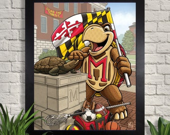 Università del Maryland Fear the Turtle Testudo Stampa, Giclée, Arte sportiva, Arte della parete, Decorazione della casa