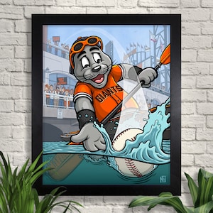 Splash Hit San Francisco Giants Print, Lou Seal Mascot, McCovey Cove, Baseball, Home Run