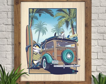 Surfing Woody Wagon Art Print, Tropical Beach Illustration, Giclee, Surfboard Art, Tiki Room Art, Wall Art, Home Decor, Beach, Palm Trees