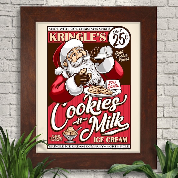 Kringle's Cookies N Milk Ice Cream Art Print: Retro Christmas Ad