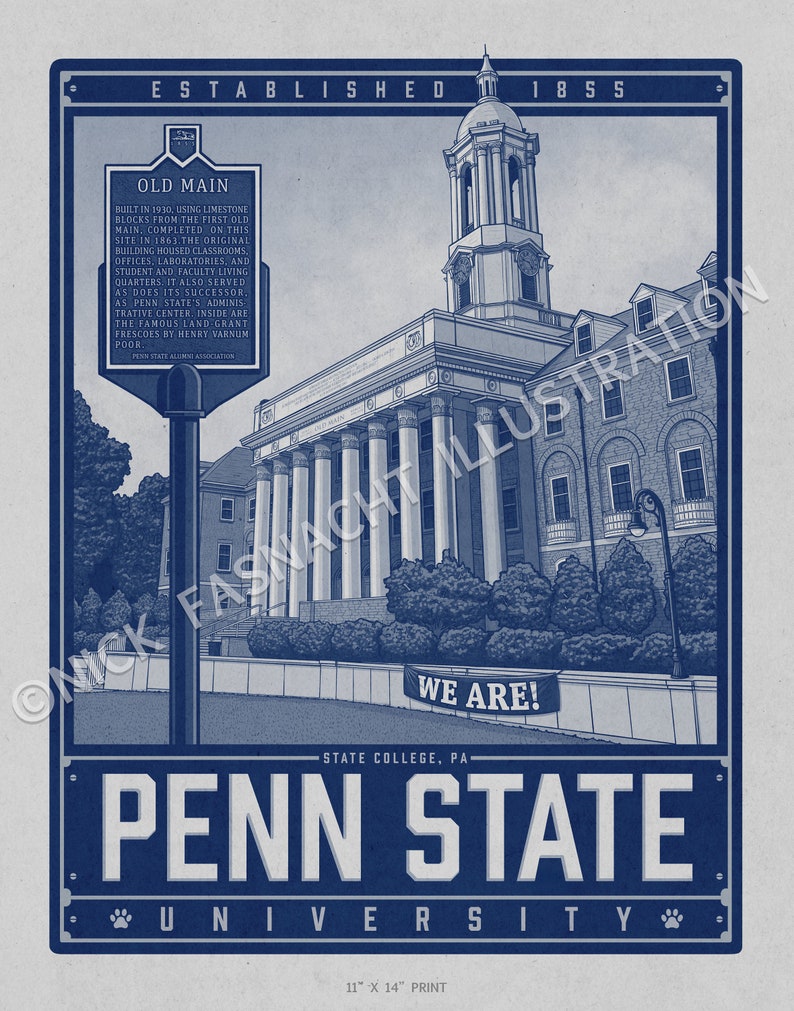 Penn State University Old Main Art Print, PSU Illustration, Nittany Lions image 3