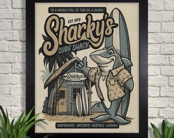 Sharky’s Surf Shack Retro Illustration, Giclee Art Print, Requin, Surf, Océan, Beach Wall Art, Décoration intérieure