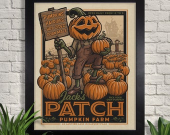 Jack's Patch Pumpkin Farm Art Print, Halloween Wall Art, Zucca, Decorazione Murale, Decorazioni per la casa