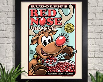 Rudolph's Red Nose Crunch Cereal Box Art Print, Christmas Art, Giclee, Holiday Art, Vintage Advertisement, Wall Art, Home Decor, Retro Ad