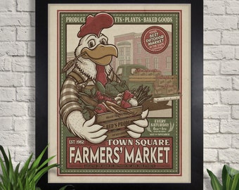 Town Square Farmers' Market Retro Illustration, Giclee Art Print, Coq, Produits, Nourriture, Art mural de cuisine, Décoration intérieure