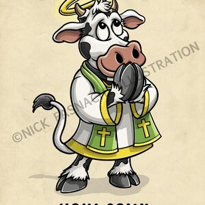 Holy Cow Illustrated Greeting Card, Funny Card, Vertical Card, Humor Stationary, Cow, Religion, Priest image 2