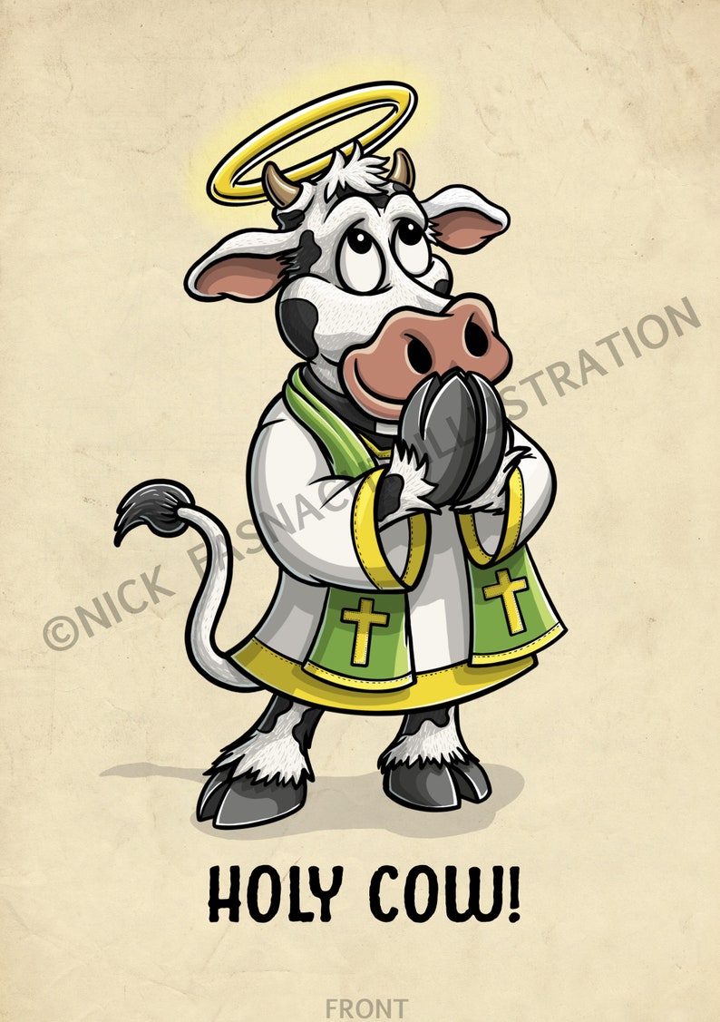 Holy Cow Illustrated Greeting Card, Funny Card, Vertical Card, Humor Stationary, Cow, Religion, Priest image 2