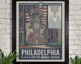 Philadelphia City of Murals Illustration d’affiche de voyage, Giclee Art Print, Pennsylvanie, City of Brotherly Love, Philly, Wall Art, Home Decor