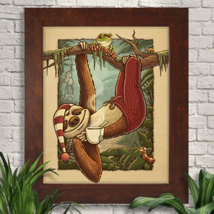 May include: A brown and tan sloth wearing red pyjamas is hanging upside down from a tree branch. The sloth is holding a cup of tea and has a sleepy expression on its face. A green frog is sitting on a branch above the sloth.