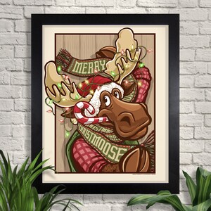 Merry Christmoose Illustration Giclee Art Print, Moose, Christmas Wall Art, Holiday Wall Decor, Festive Wall Art, Home Decor