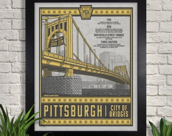 Pittsburgh City of Bridges Illustration d’affiche de voyage, Giclee Art Print, Pennsylvanie, Steel City, Art mural, Décoration intérieure