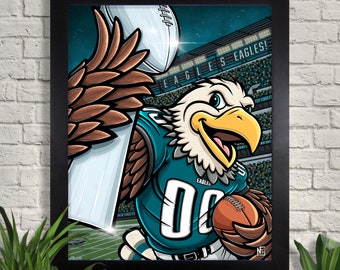 Lámina artística de fútbol americano de Filadelfia: Mascota Swoop, arte mural deportivo