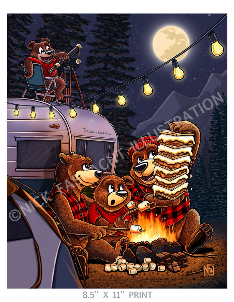 Campfire S'mores Bear Illustration, Giclee Art Print, Camping Art, Tent, Nature, Sky, Stars ...