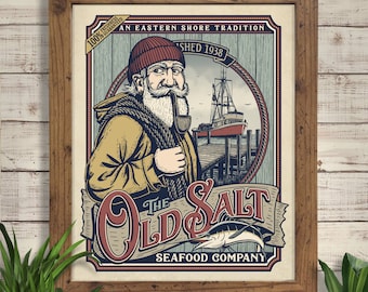 Old Salt Seafood Company Illustration, Giclee Art Print, Ocean, Fishing, Summer, Boat, Eastern Shore Wall Art, Home Decor