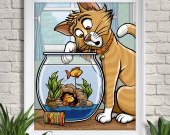 Something's Fishy Illustration, Cat, Fish, Limited Edition Giclee Art Print, Wall Art, Home Decor