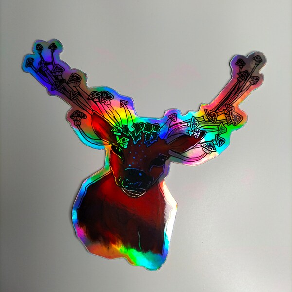 Rainbow Shiny Sticker- Reindeer with Mushrooms
