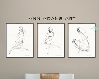 Set of 3,Nude drawing minimalist sketch black and white illustration Fine art abstract art prints from original art by Ann Adams, 8R-09-6L