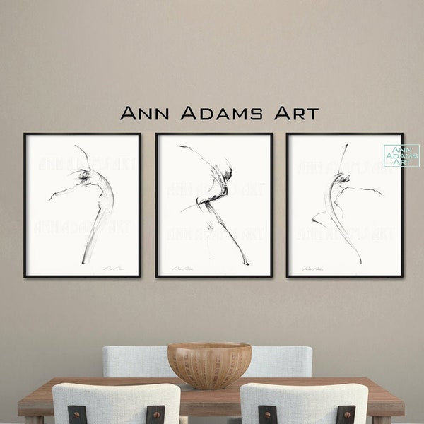 Set of 3, Figure drawing abstract dance sketch black and white dancer art minimalist art prints from original art by Ann Adams 22-38R-10L