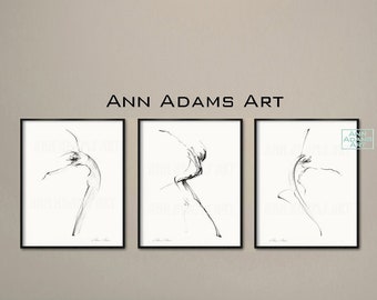 Set of 3, Figure drawing abstract dance sketch black and white dancer art minimalist art prints from original art by Ann Adams 22-38R-10L