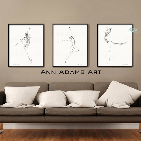 Set of 3, figure sketch dance black and white, female figure drawing minimalist art print from original art by Ann Adams, 18R-10R-17L