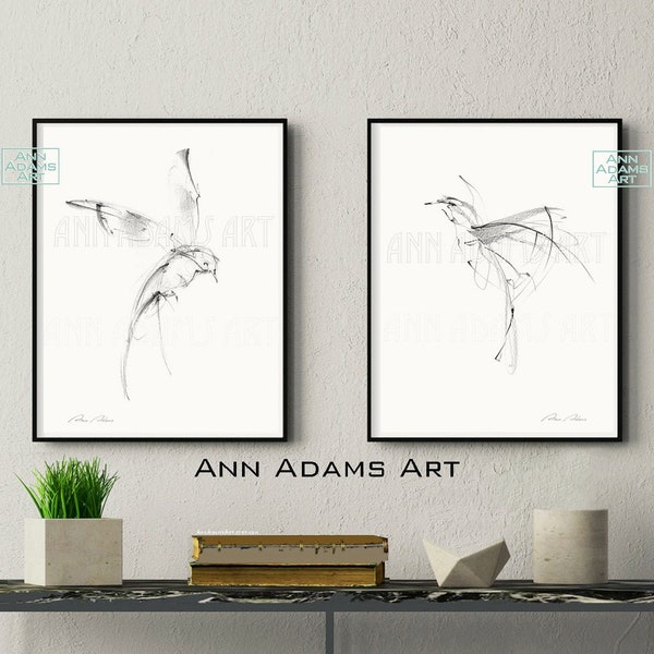 Set of 2, Bird sketch black and white abstract, Hummingbird, bird prints from original drawing art by Ann Adams, B10R-B8L