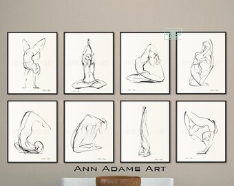 Set of 8, Yoga art minimalist black and white charcoal drawings print original sketches by Ann Adams, Y11L, 1, 2L, 8, 5R, 6, 7, 12