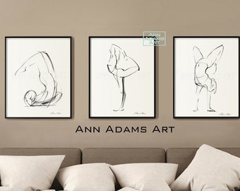 Set of 3, Yoga wall art, Yoga gift, Minimalist Black and white Yoga art prints from Original art drawings by Ann Adams, Y5L-Y10-Y11L