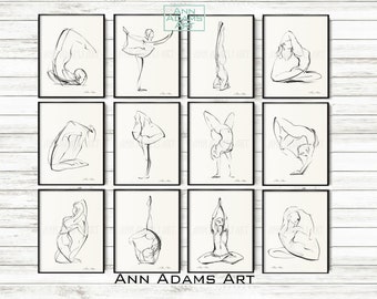 Set of 12, Yoga pose wall art, Yoga gift, Minimalist Black and white Yoga art prints from Original art sketches by Ann Adams, Y1-12Rs