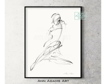 Sketch Art Drawing, Abstract art, Black and White Minimalist Female nude figure Art Print from Original Artwork by Ann Adams, 8R