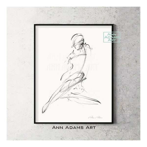 Sketch Art Drawing, Abstract art, Black and White Minimalist Female nude figure Art Print from Original Artwork by Ann Adams, 8R