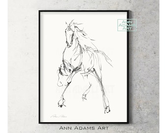 Horse print Horse sketch Minimalist Black and White Abstract Art Print from Original Charcoal Drawing Horse art by Ann Adams wall art, H8