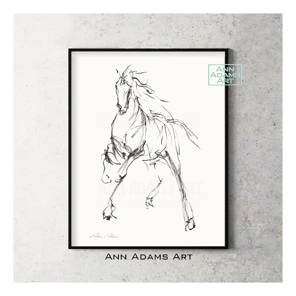 Horse print Horse sketch Minimalist Black and White Abstract Art Print from Original Charcoal Drawing Horse art by Ann Adams wall art, H8