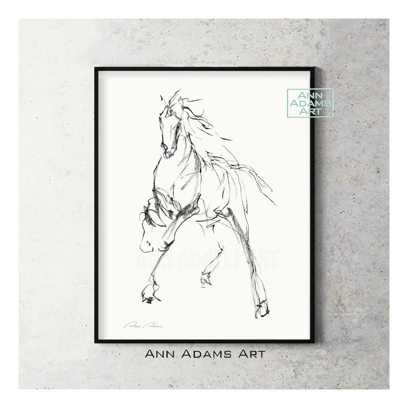 Horse print Horse sketch Minimalist Black and White Abstract Art Print from Original Charcoal Drawing Horse art by Ann Adams wall art, H8 Bild 1